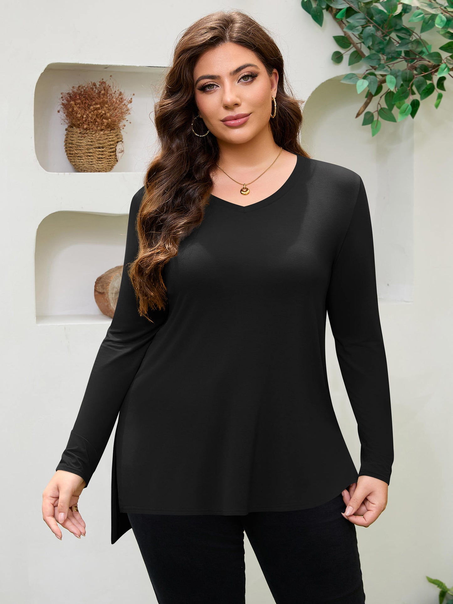 FlorCurve Women V Neck Solid Side Split Shirt 4319LRS