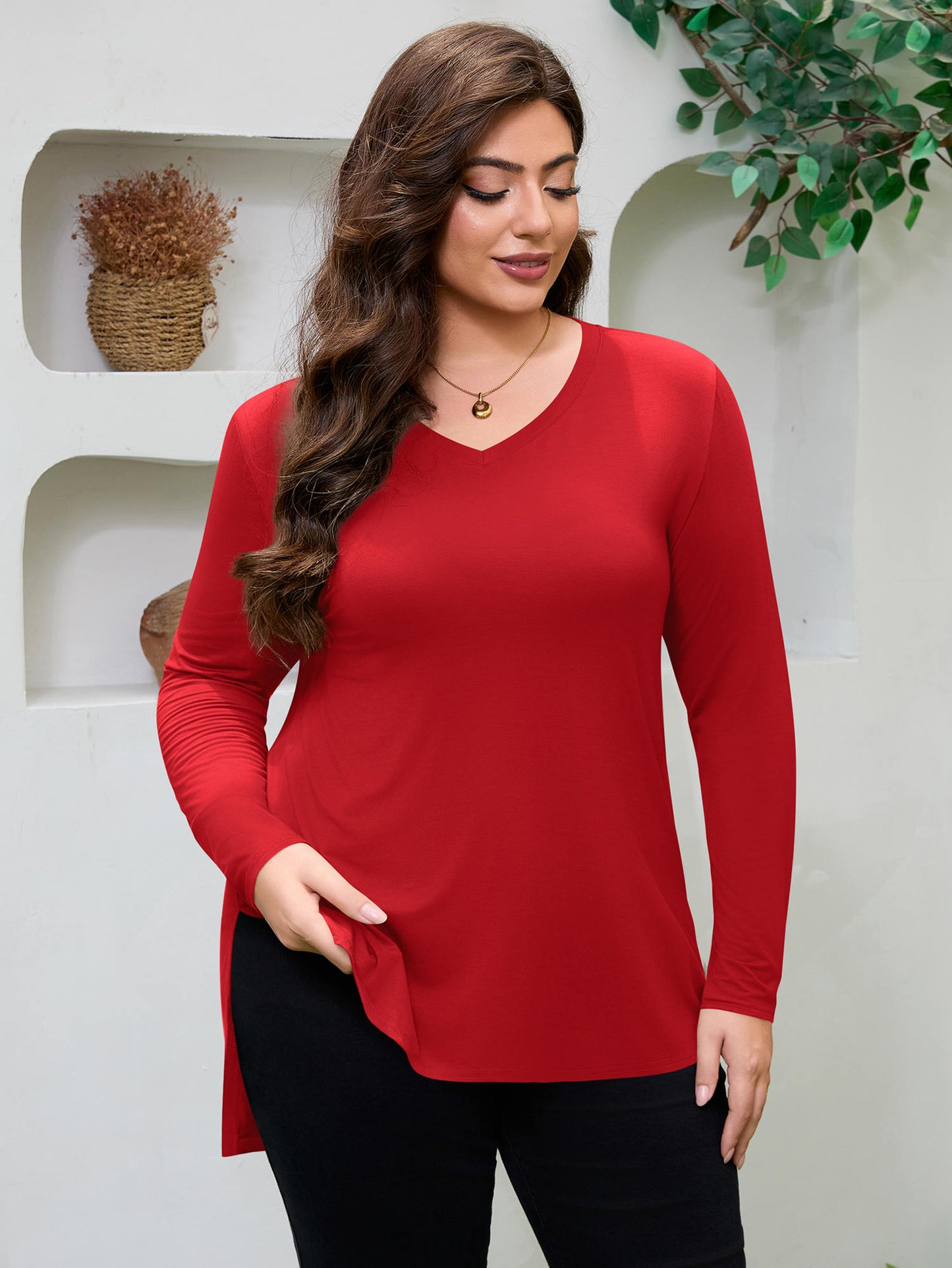 FlorCurve Women V Neck Solid Side Split Shirt 4319LRS