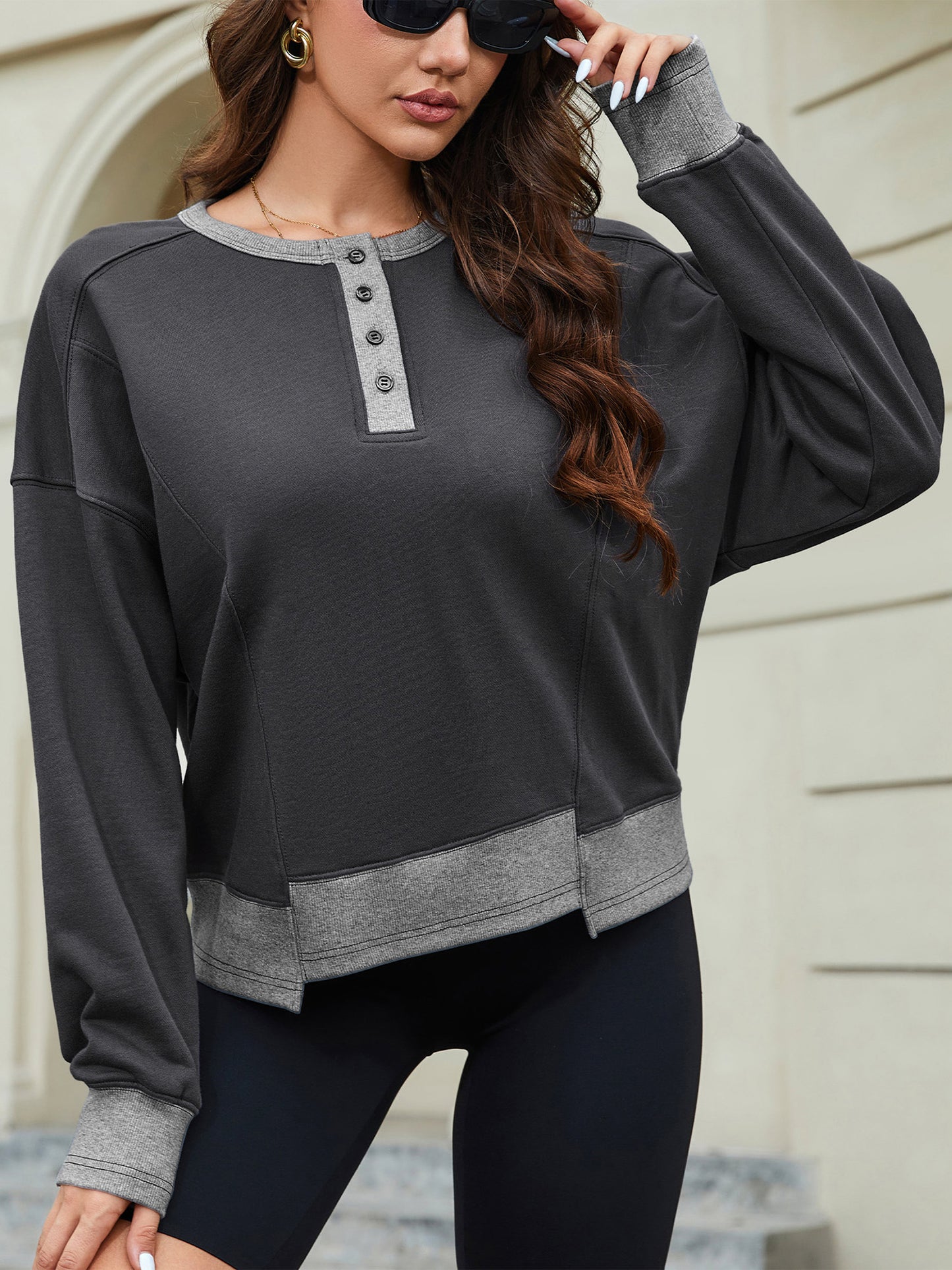 JYLFC Womens Casual Color Block Knitted Long Sleeve Sweatshirts 1420