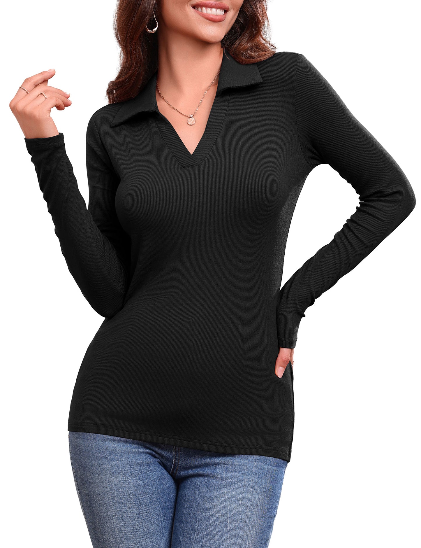 JYLFC Women's Long Sleeve Polo V Neck T Shirts 687