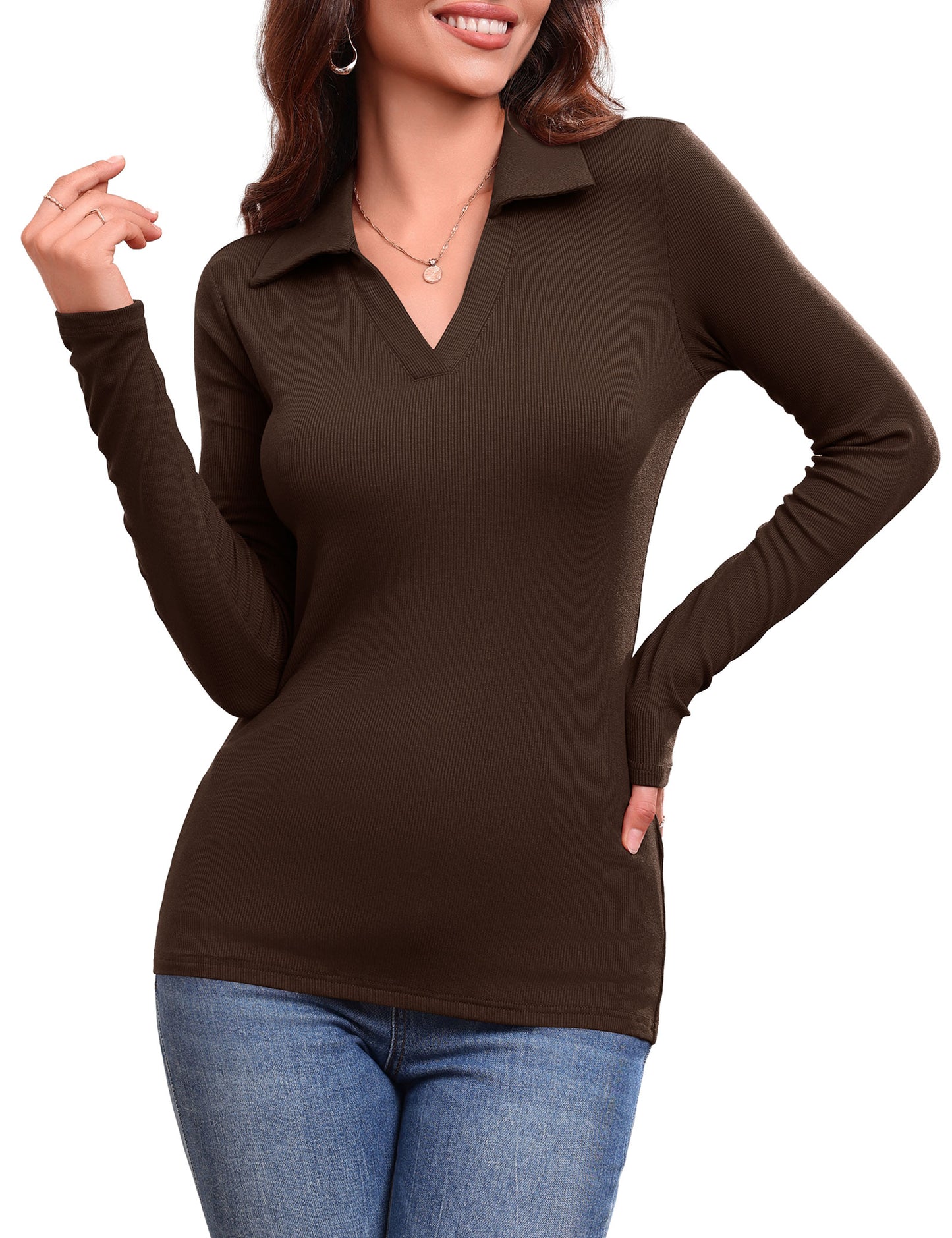 JYLFC Women's Long Sleeve Polo V Neck T Shirts 687