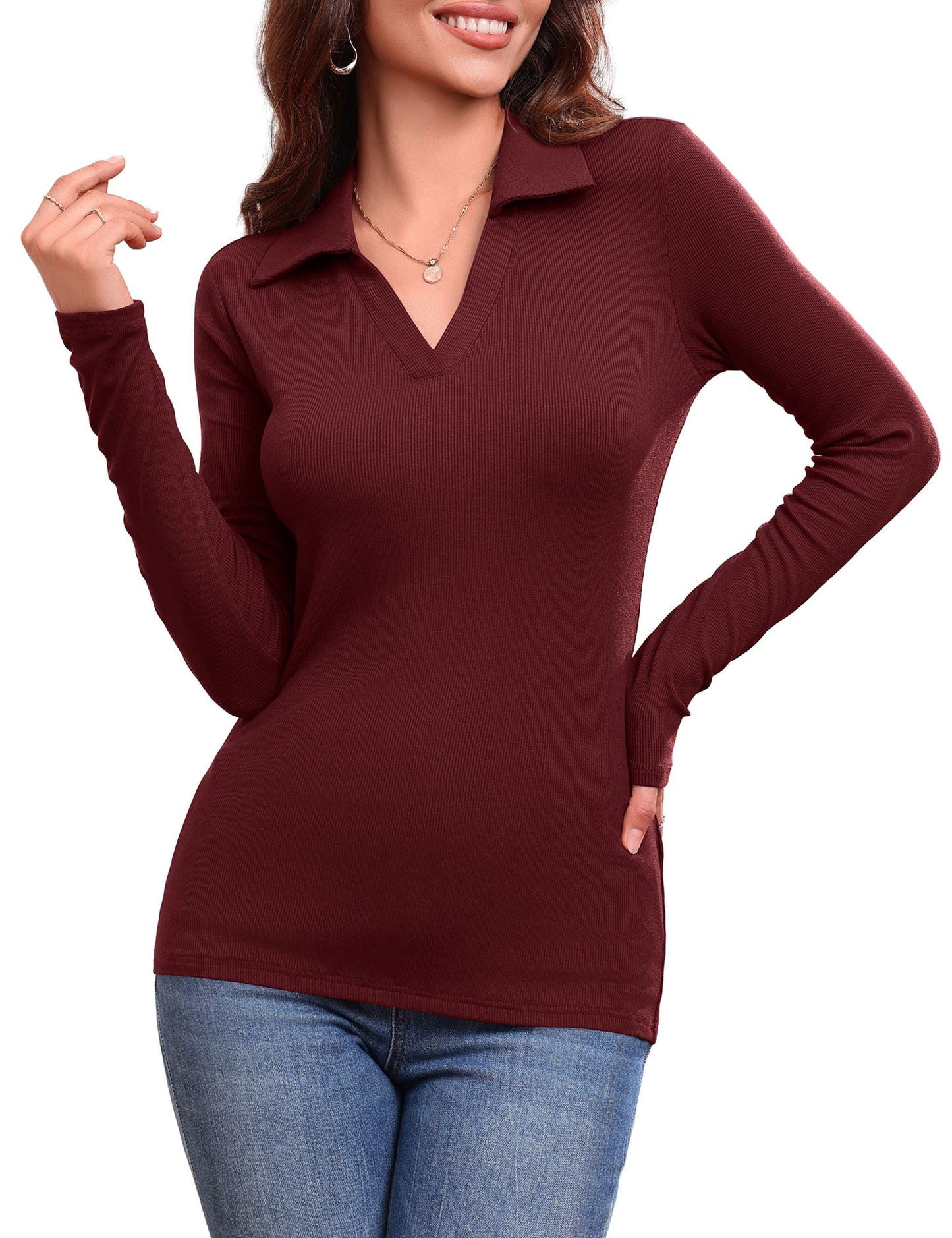 JYLFC Women's Long Sleeve Polo V Neck T Shirts 687