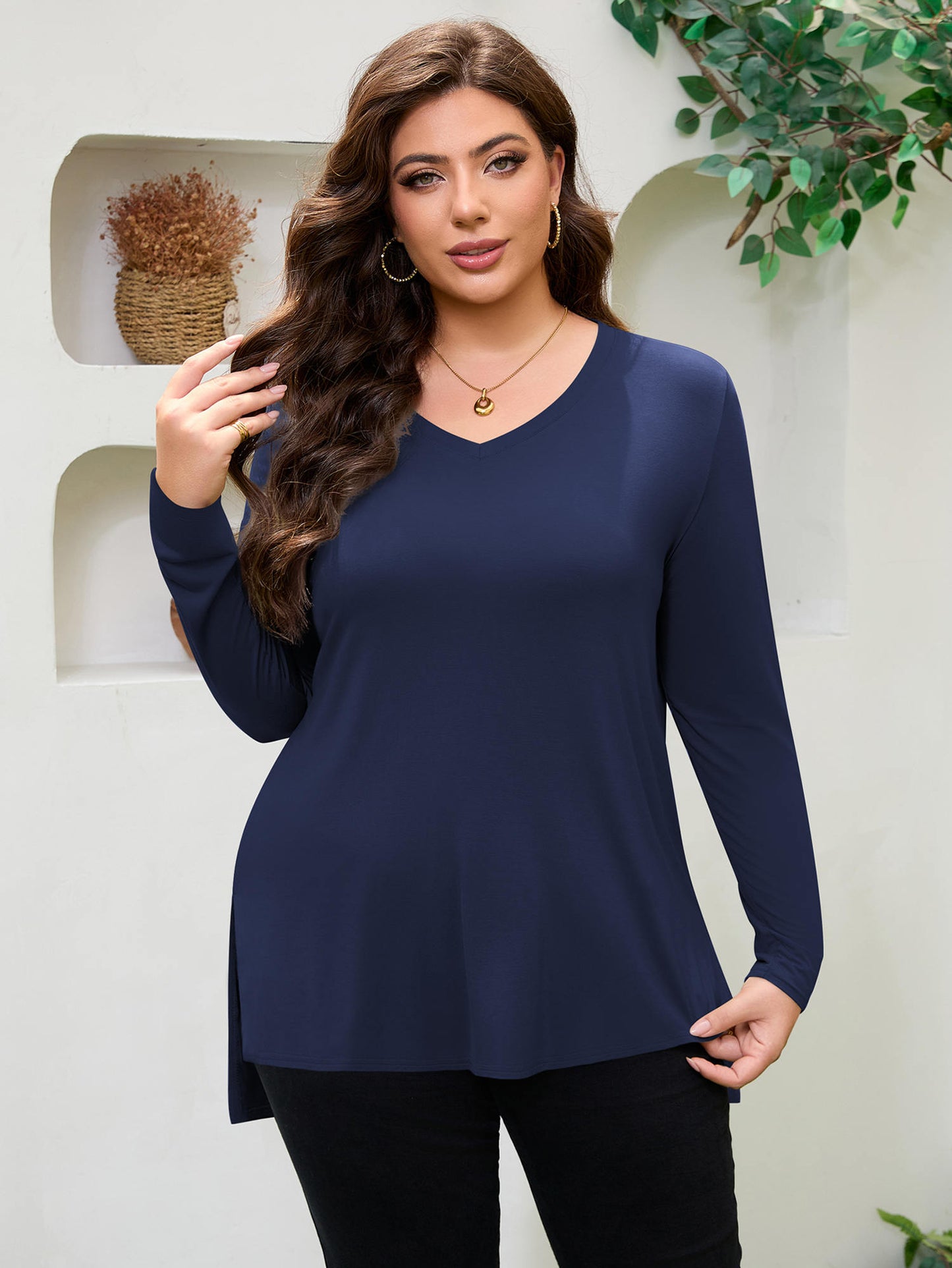 FlorCurve Women V Neck Solid Side Split Shirt 4319LRS