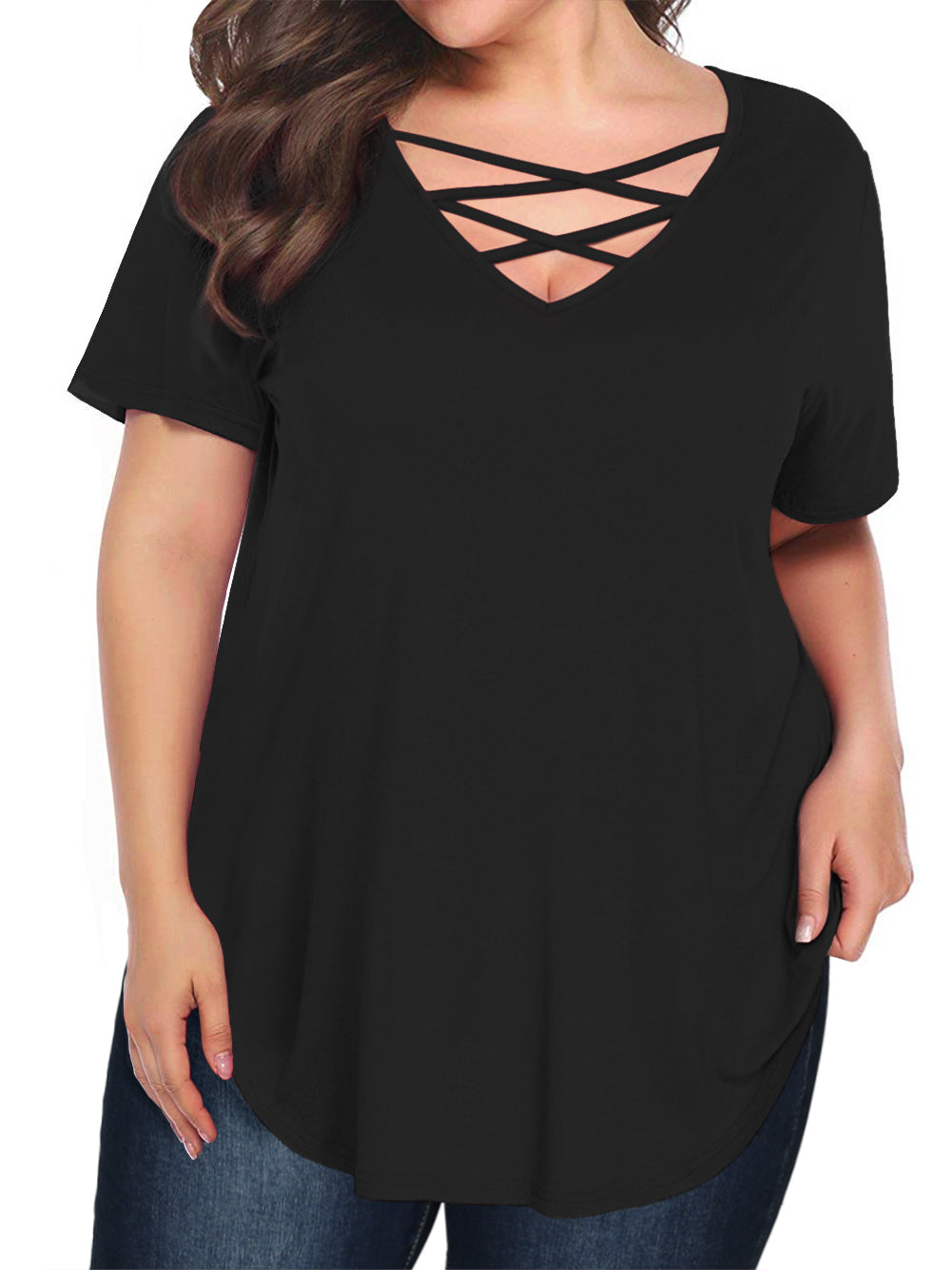 JYLFC Womens Plus Size Criss Cross Neck Short Sleeve Shirts