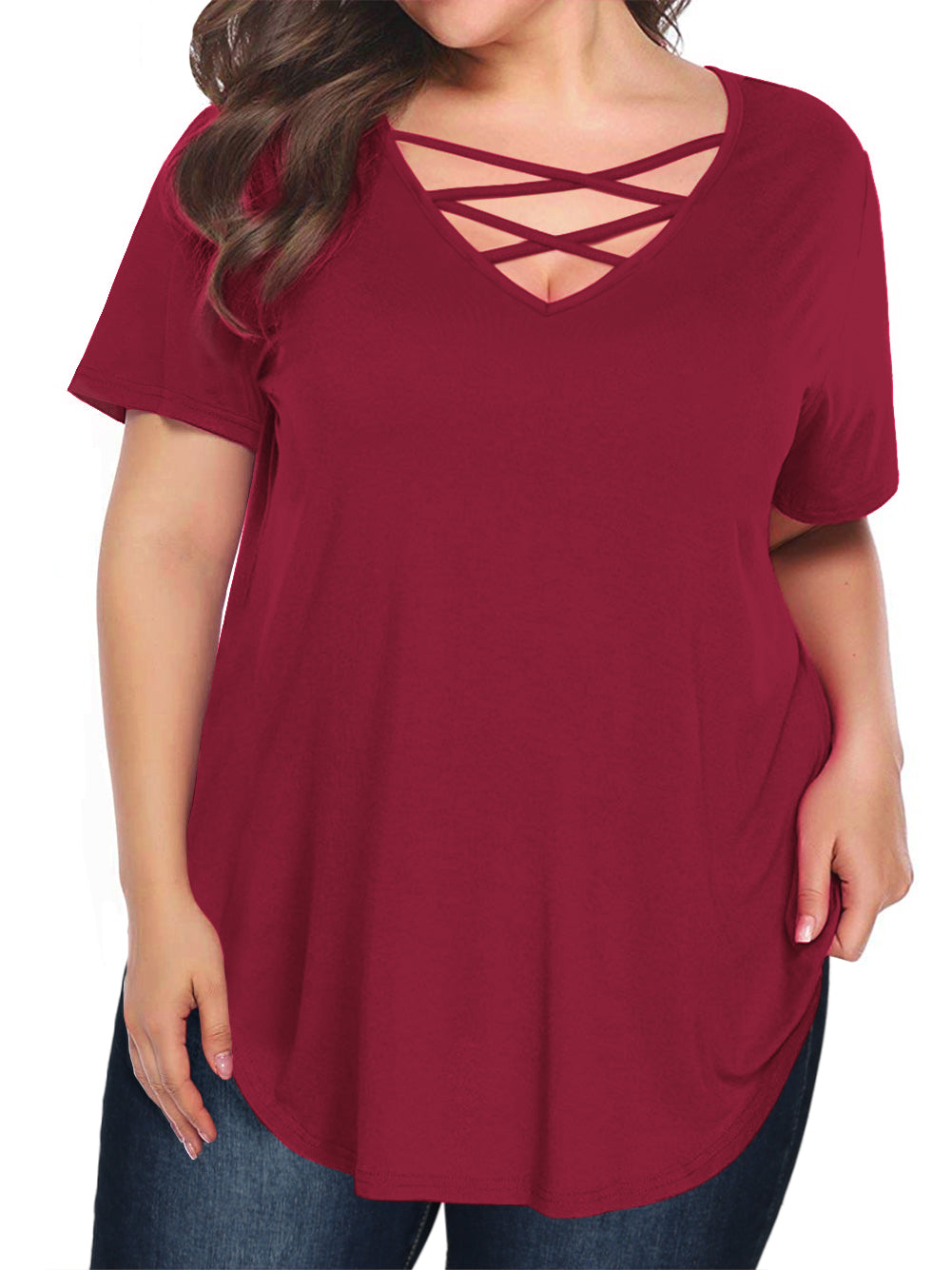 JYLFC Womens Plus Size Criss Cross Neck Short Sleeve Shirts