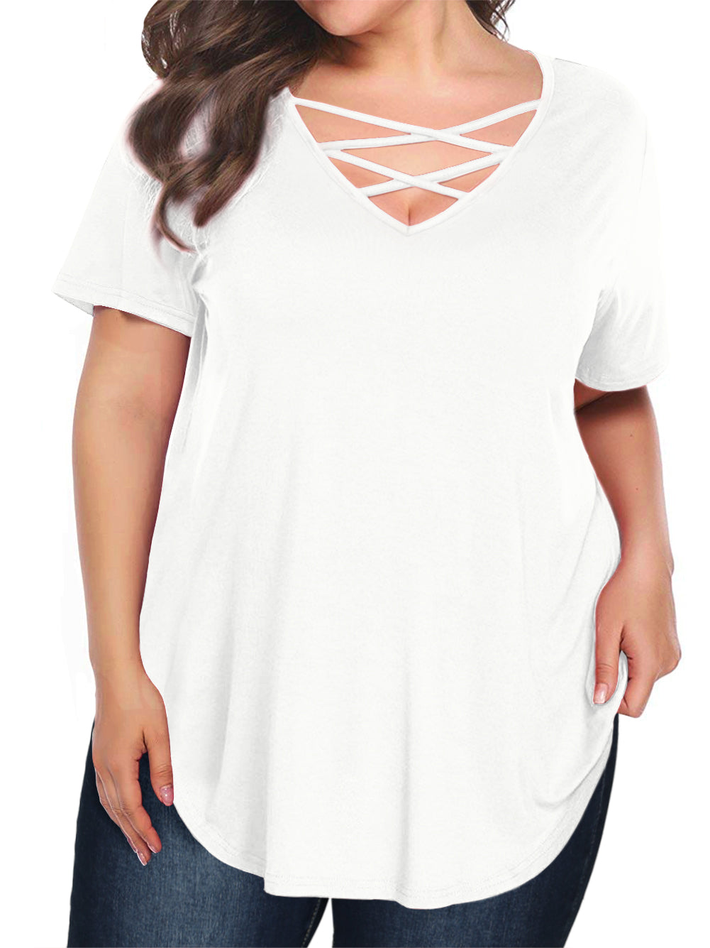 JYLFC Womens Plus Size Criss Cross Neck Short Sleeve Shirts