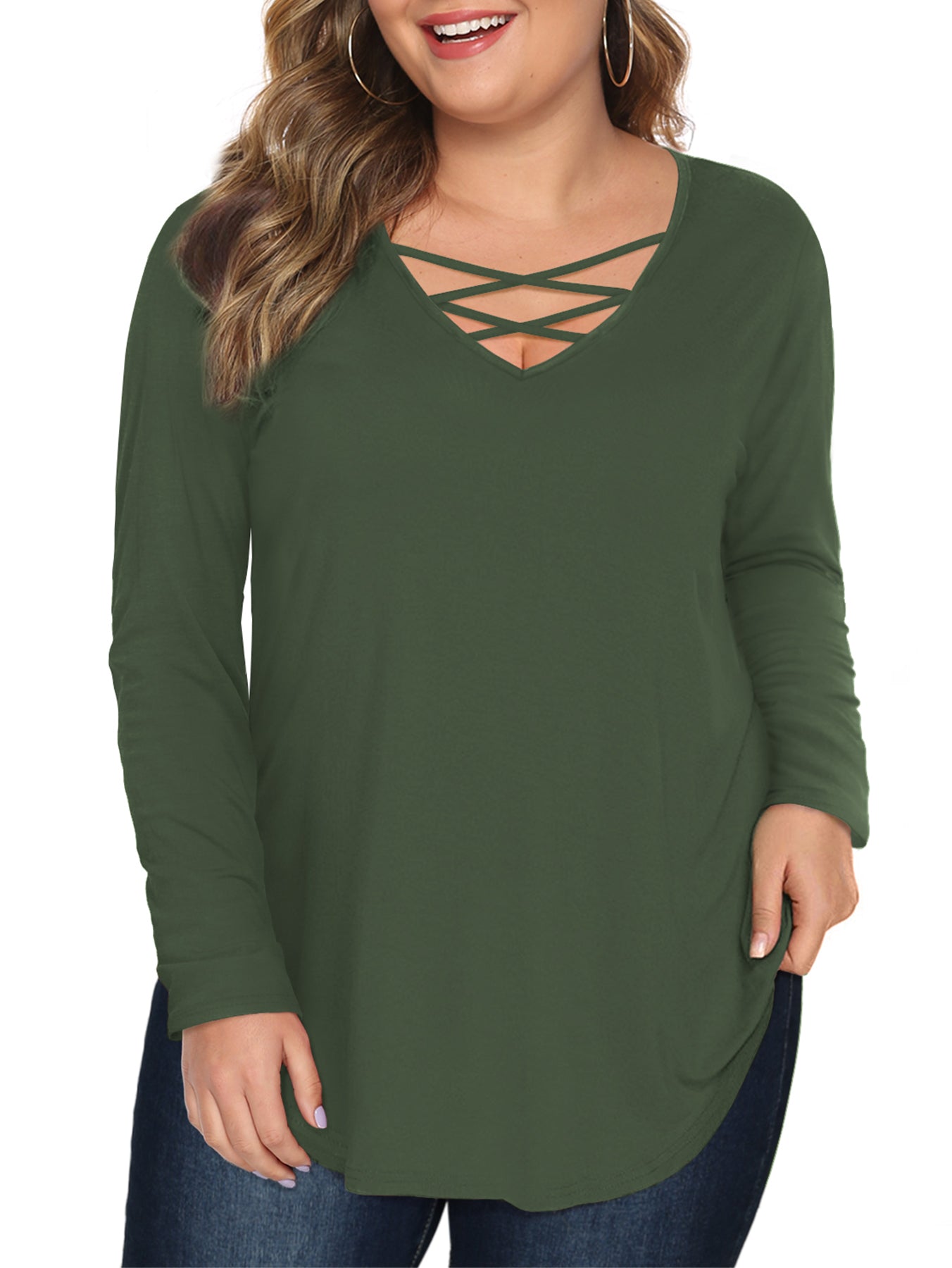 JYLFC Womens Plus Size Criss Cross Neck Long Sleeve Shirts