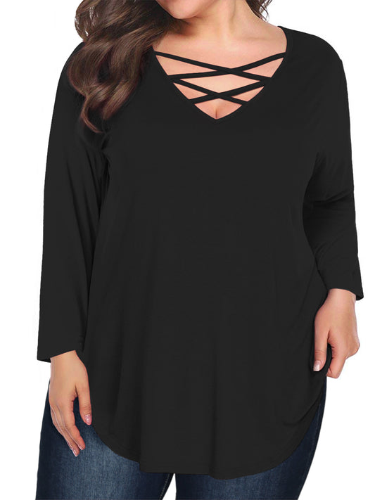 JYLFC Womens Plus Size Criss Cross Neck Long Sleeve Shirts