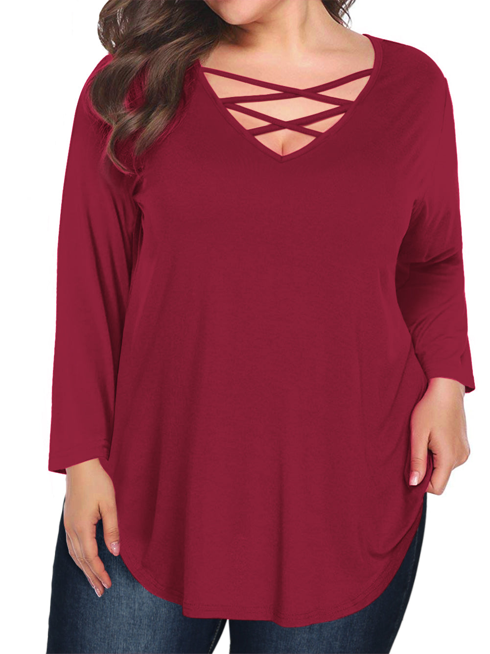 JYLFC Womens Plus Size Criss Cross Neck Long Sleeve Shirts