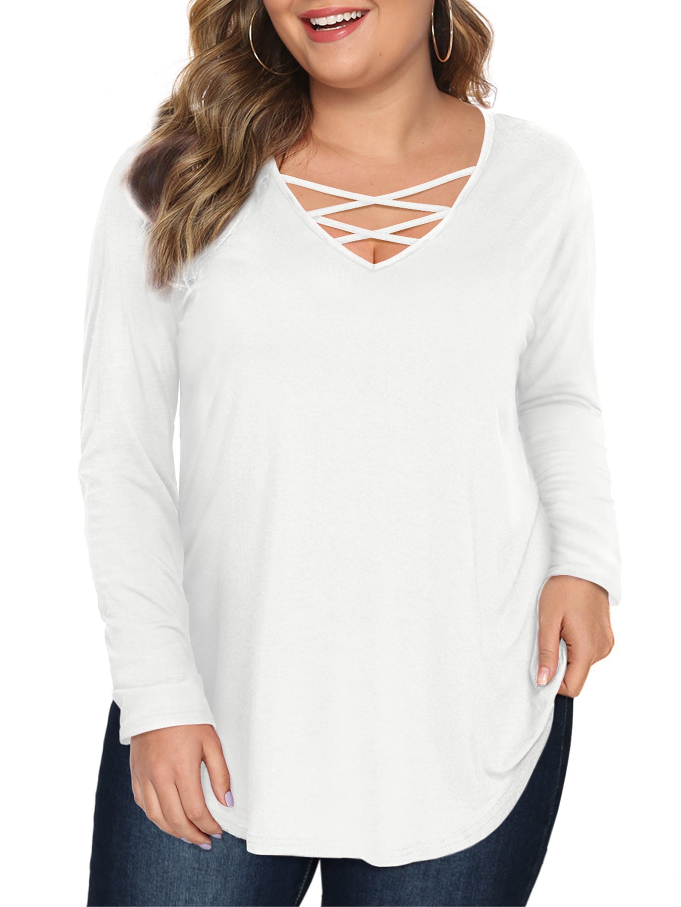 JYLFC Womens Plus Size Criss Cross Neck Long Sleeve Shirts