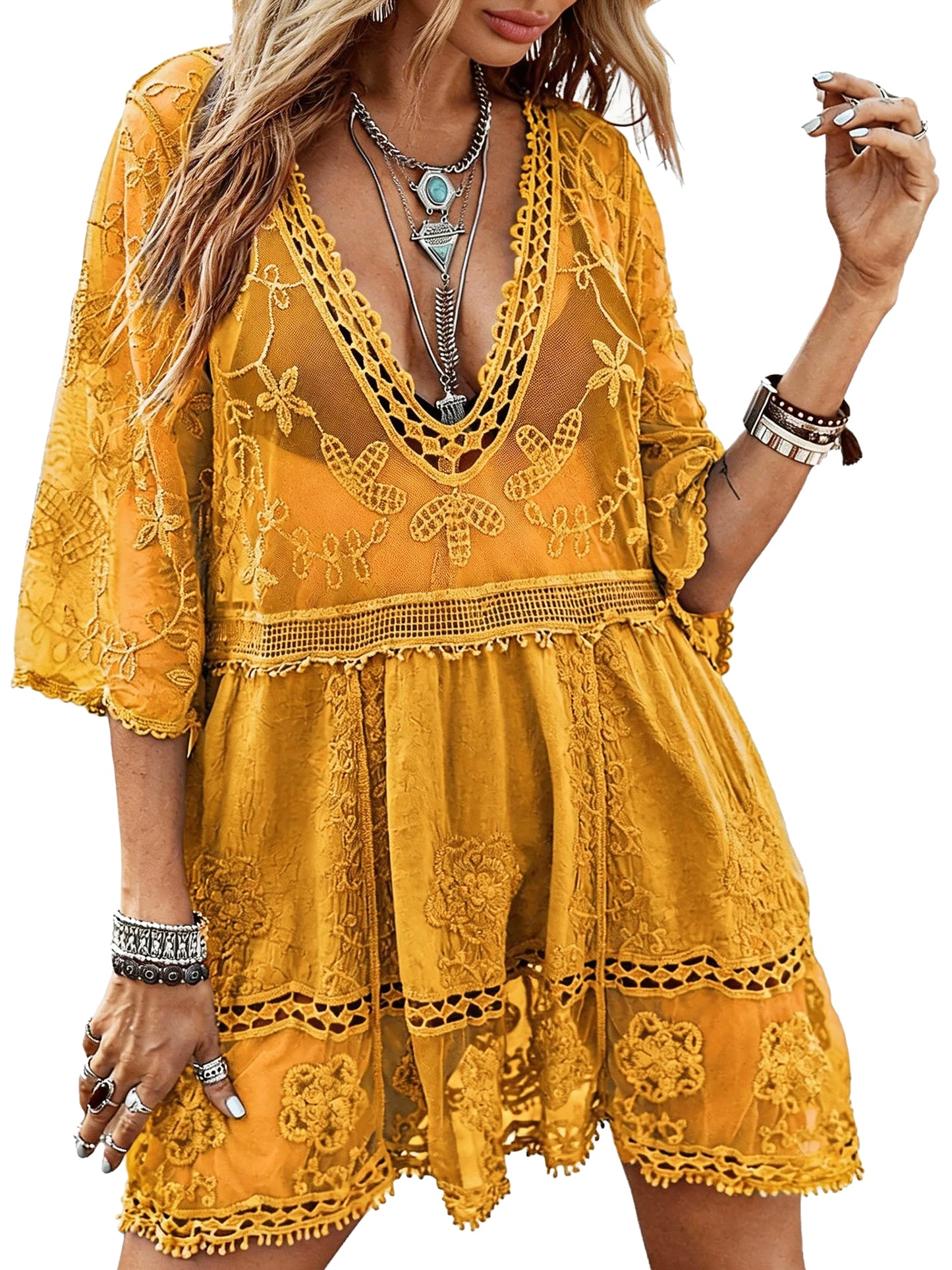 Women's Elegant V Neck Lace Blouse, 3/4 Sleeve Sheer Mesh Top, Casual Versatile for Daily Street Beach Vacation Party Wear 1662