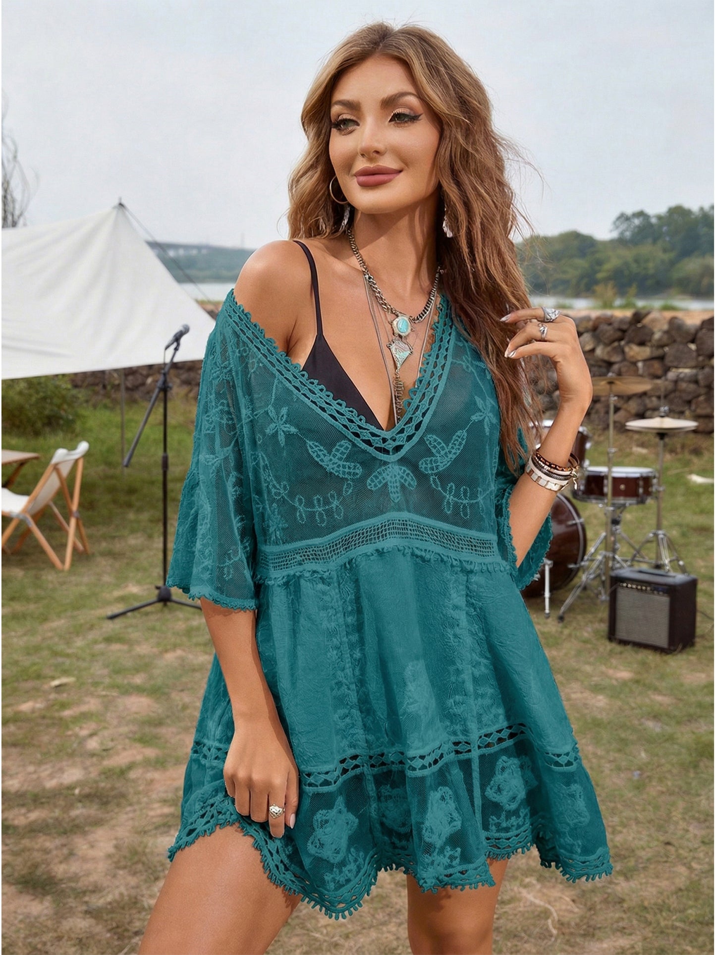 Women's Elegant V Neck Lace Blouse, 3/4 Sleeve Sheer Mesh Top, Casual Versatile for Daily Street Beach Vacation Party Wear 1662