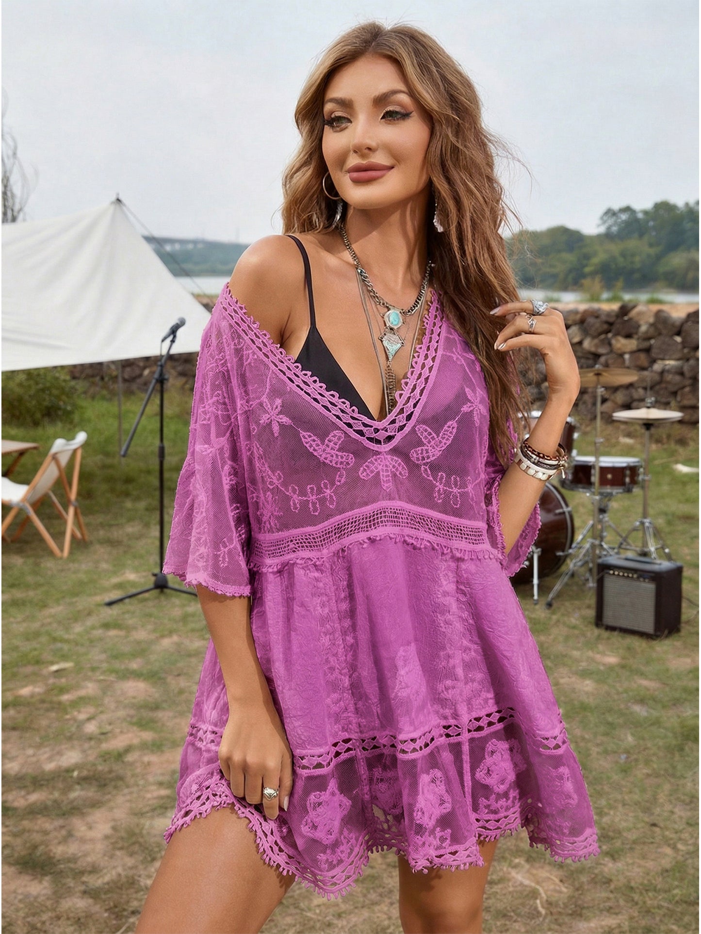 Women's Elegant V Neck Lace Blouse, 3/4 Sleeve Sheer Mesh Top, Casual Versatile for Daily Street Beach Vacation Party Wear 1662