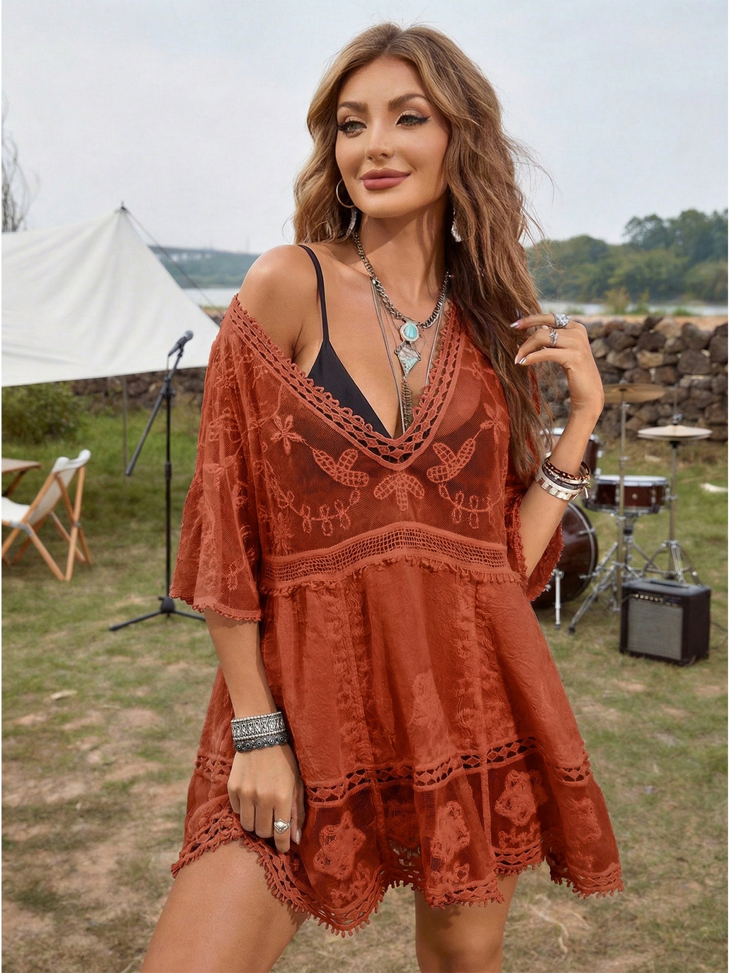 Women's Elegant V Neck Lace Blouse, 3/4 Sleeve Sheer Mesh Top, Casual Versatile for Daily Street Beach Vacation Party Wear 1662