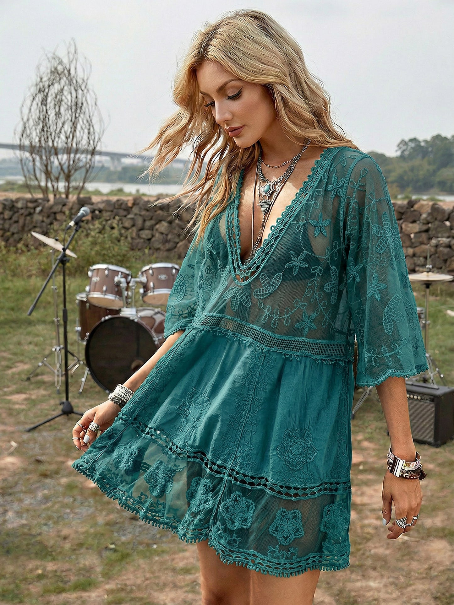 Women's Elegant V Neck Lace Blouse, 3/4 Sleeve Sheer Mesh Top, Casual Versatile for Daily Street Beach Vacation Party Wear 1662