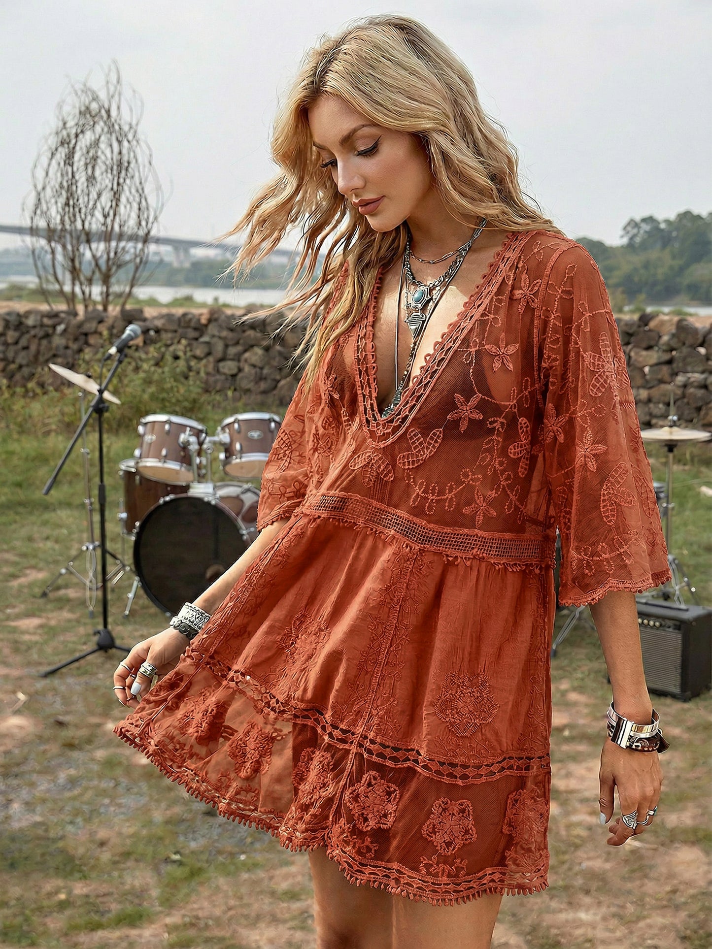 Women's Elegant V Neck Lace Blouse, 3/4 Sleeve Sheer Mesh Top, Casual Versatile for Daily Street Beach Vacation Party Wear 1662