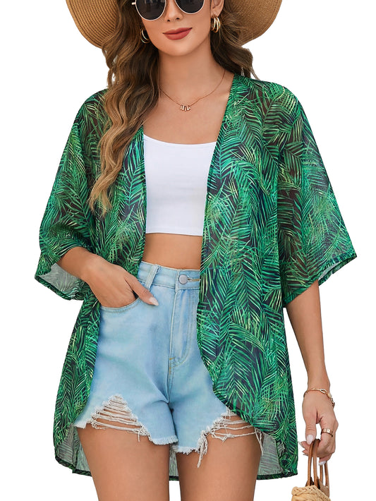 Floral Print Puff Sleeve Kimono Cardigan