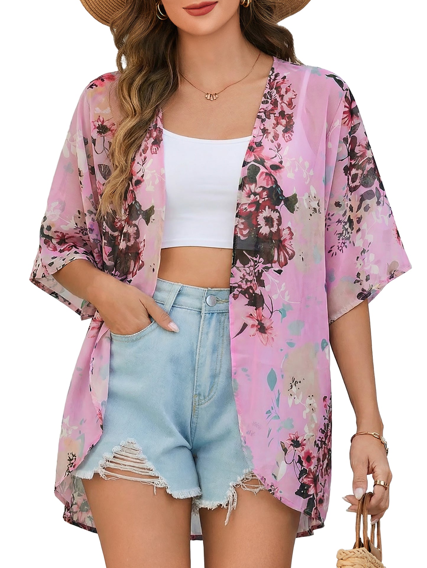 Floral Print Puff Sleeve Kimono Cardigan