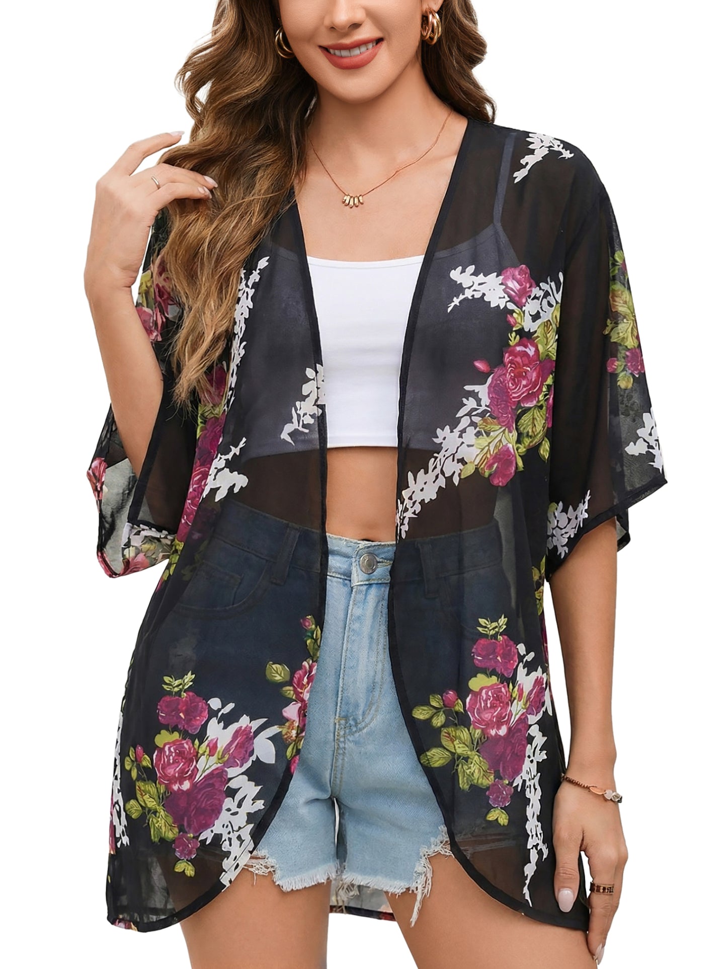 Floral Print Puff Sleeve Kimono Cardigan