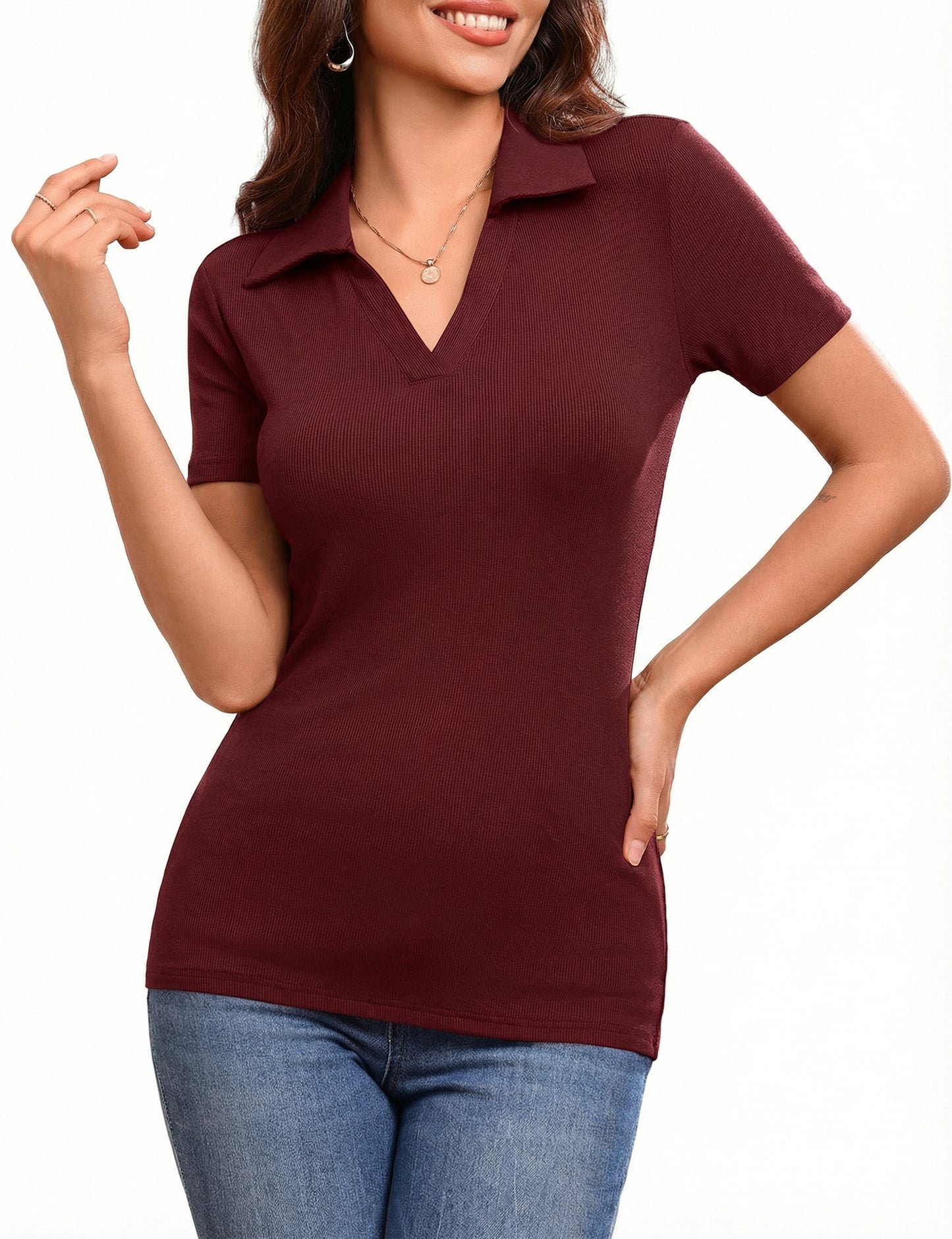 Womens Short Sleeve Polo Shirts V Neck Collar Knit Top 687s1